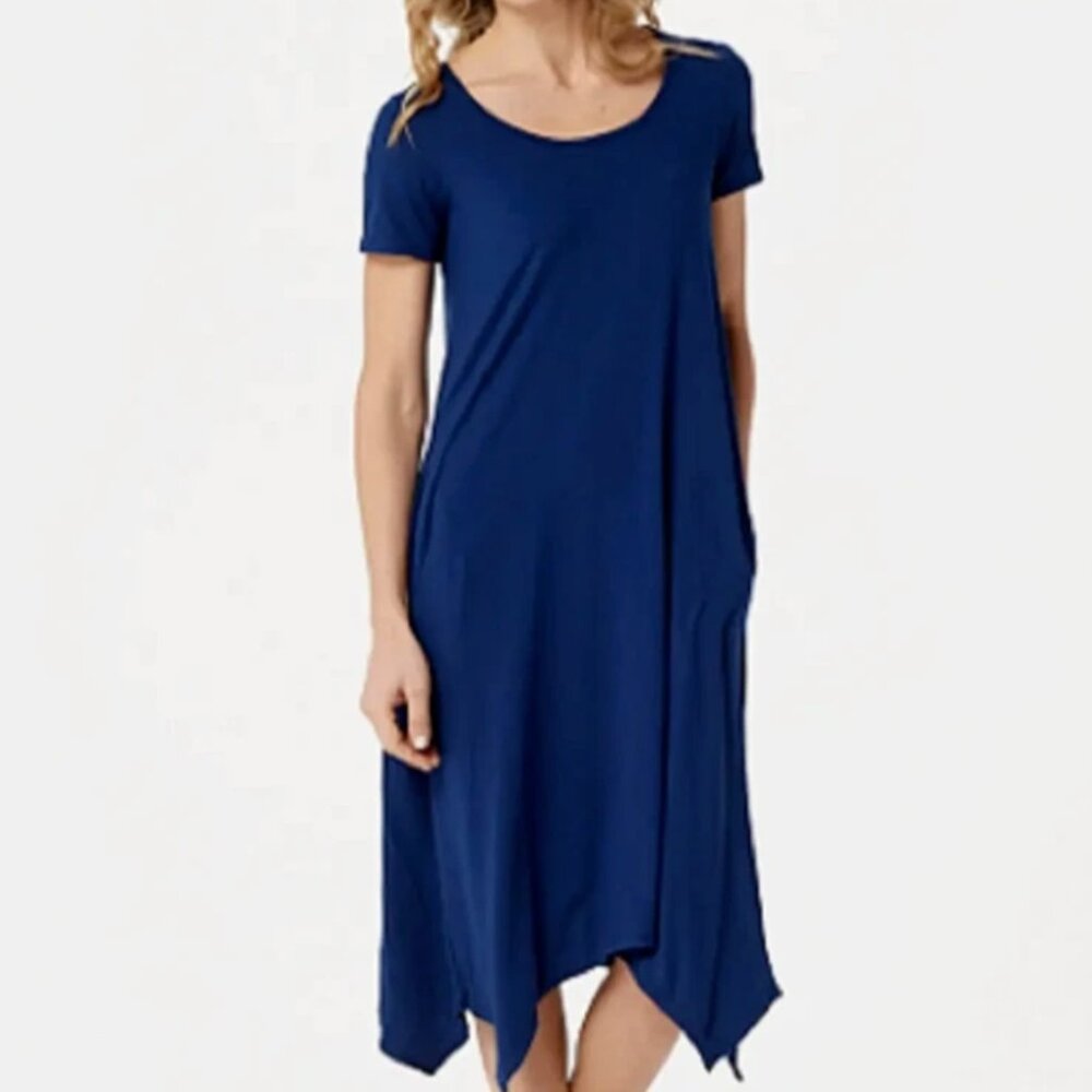 Cuddl‎ Duds Flexwear Womens Dress M Stretch Rainbow Hem Lounge Navy Pockets Soft